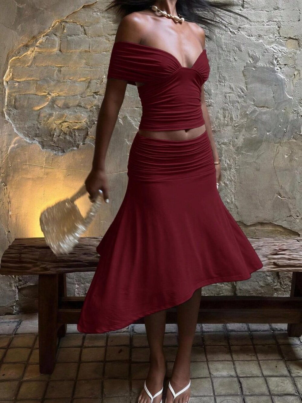 Burgundy Casual Women's Knit Ruched Bust T-Shirt Top & Loose Long Pants 2-Piece